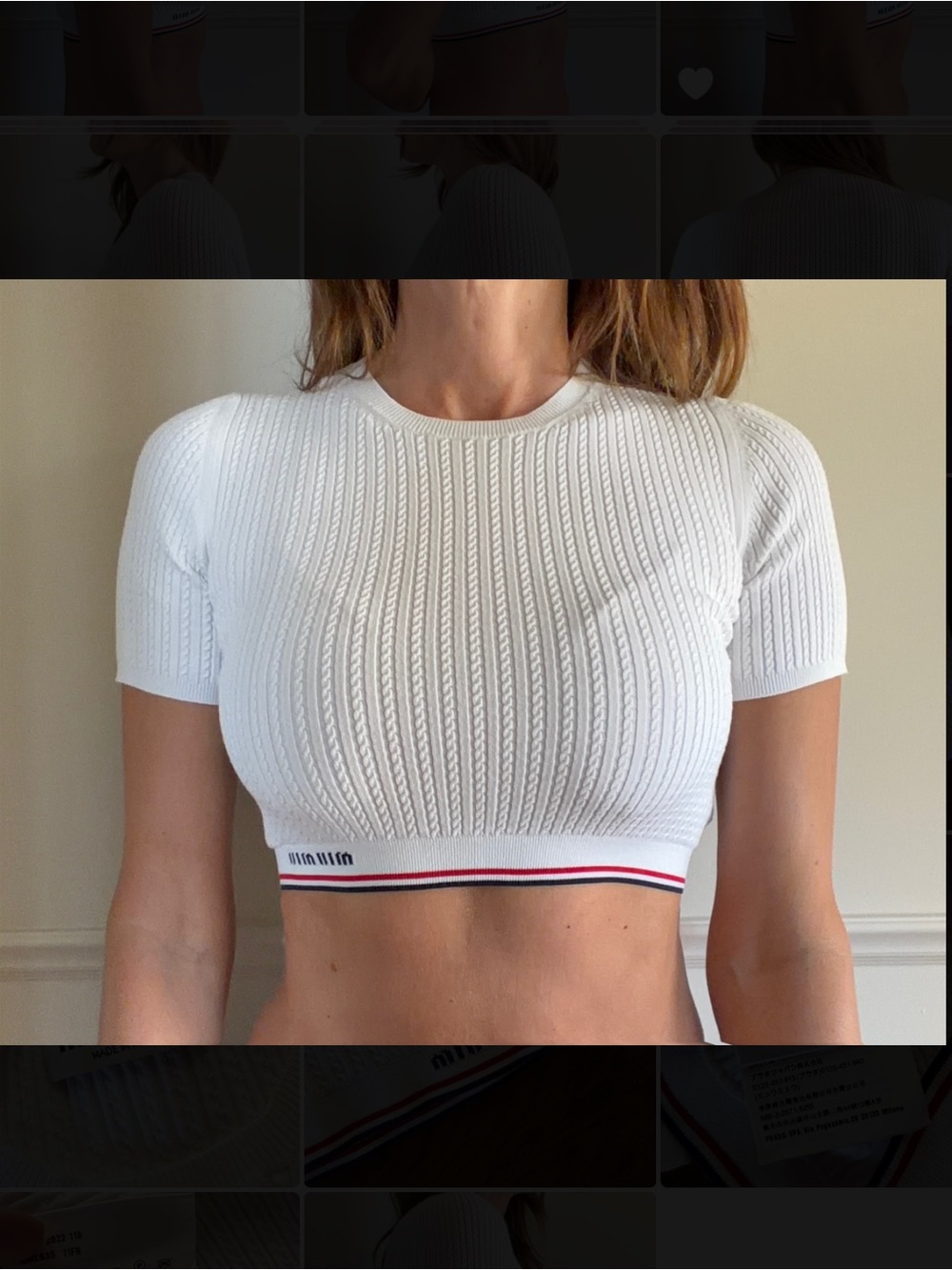 Miu Miu White Ribbed Short Sleeve Crop Top with Red & Navy Trim Size IT 40